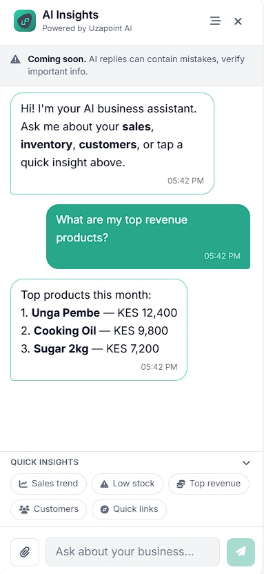 Uzapoint AI Insights chat showing top revenue products and quick insight prompts
