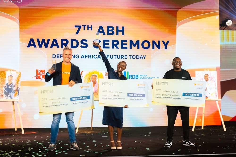 Abraham Mbuthia on stage at the 7th Africa Business Heroes Awards Ceremony in Kigali
